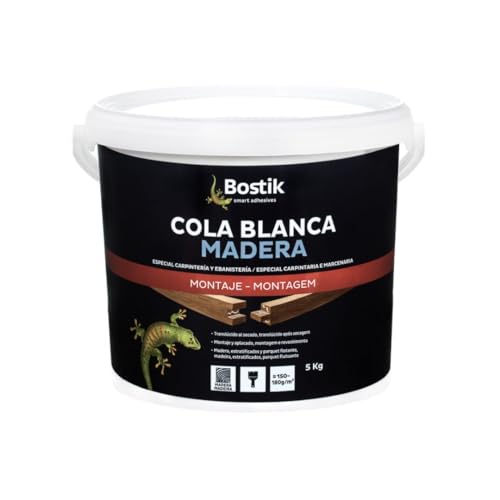 BOSTIK COLA BLANCA MADERA, Especial Carpintería y Ebanistería, Translúcido al Secado, Montaje y Aplacado, para Madera, Estratificados y Parquet Flotante, Apta para Tejidos, Polivalente, Bote 5 kg