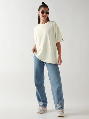 Image of Bewakoof Women's Solid Oversized Fit Half Sleeve Round Neck Cotton Jersey T-Shirt