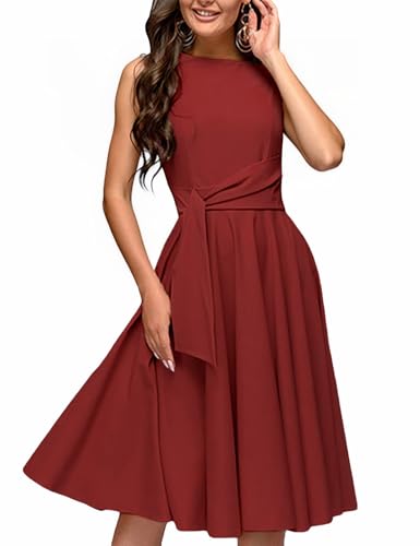 Image of FENJAR Women's Elegance Audrey Hepburn Style Ruched Dress Round Neck Sleeveless Swing Midi A-line Dresses (US, Alpha, Small, Regular, Regular, Red)