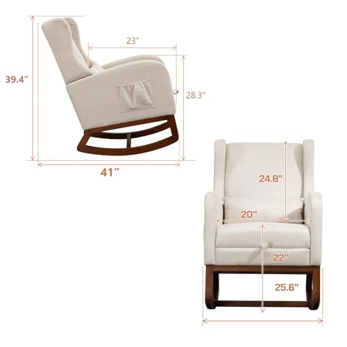 Modern Rocking Chair Nursery Glider, Comfy Rocker Nursery Chair with Foot Rest, Accent Reading Armchair with Pillow and Pocket, Upholstered Lounge Rocker with Solid Wood Base for Relaxing (Beige)