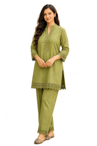 Image of Women's Pure Cotton Co-Ord Set, Green Kurta with Pant, Floral Embroidered 3 /4 Sleeve, Stylish Pocket