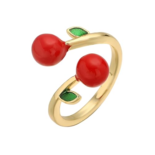 IMINI Anillo abierto ajustable de cerezo para mujer, chapado en oro, esmalte rojo, con dije de frutas, tamaño O-V½, ajuste cómodo, bonito regalo de joyería de moda