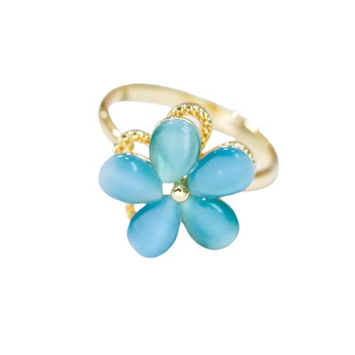 Rotating Blue Flower Wrap Finger Ring for Women Cubic Zirconia Petals Floral Statement Open Adjustable Band Rings Chic Engagement Promise Eternity Rings Jewelry