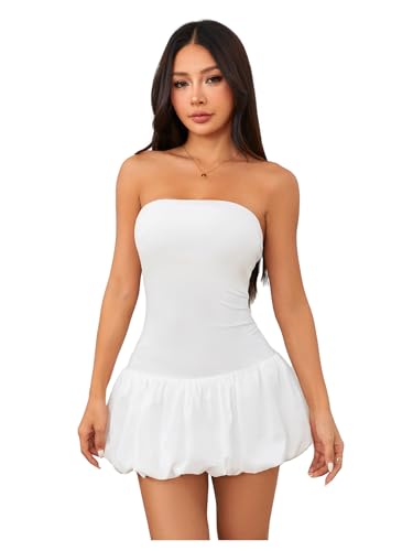 Image of MakeMeChic Women's Strapless Ruched Mini Dresses Ruffle Hem Sleeveless A Line Party Tube Dress White Small