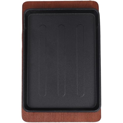 Veemoon Sartén Cuadrada de Hierro Fundido para Fajitas y Carne 23.2x17.5 Cm con Placa de Madera para Barbacoa, Plato Teppanyaki Adecuado para Cocina Casera y Restaurante