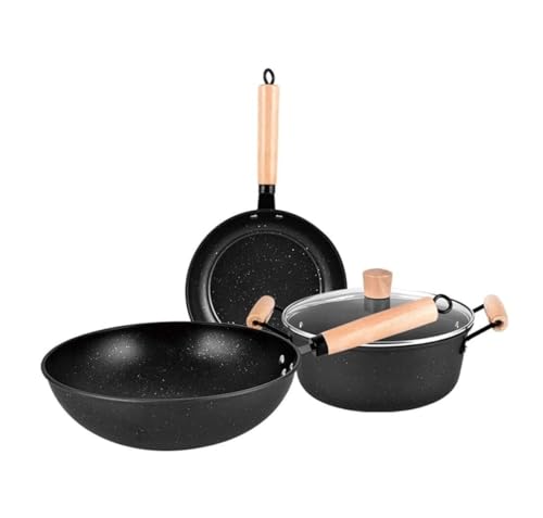 Cooking Pot, Cookware Set Pots and Pans Set 3pcs Cookware Set Wok Frying Pan Saucepan with Lid Pots Pans Set Maifan Stone Nonstick Egg Pan Cooking Tools Cooking Pot Set Cooking Pan Set