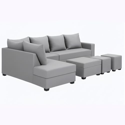 Image of FURNY Gloria 8 Seater Fabric LHS L Shape Sofa Set with 1 Centre Table & 2 Puffy (Light Grey) Premium Velvet Finish | Ideal of Living Room