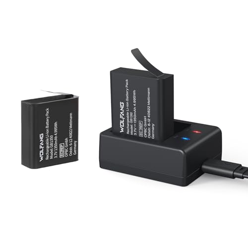 WOLFANG Podwójna Ładowarka z 2 Bateriami 1350mAh, Stacja Ładowania USB-C do Kamer Sportowych GA100, GA120, GA200, GA300, SF230, EK7000