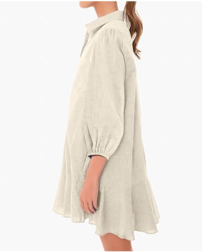 Image of YEXPINE Women Button Down Dress Casual 3 /4 Puff Sleeve Cotton Linen Dress Flowy Ruffle Hem Tunic Shirt Dresses