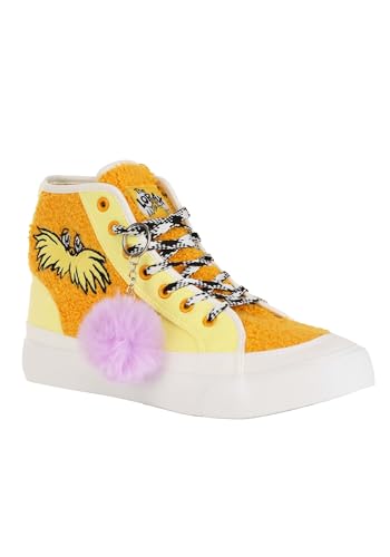 Dr. Seuss The Lorax Adult Sneakers - High Tops with Embroidered Face, Rubber Soles, Sublimated Graphics, Pom Pom Charm