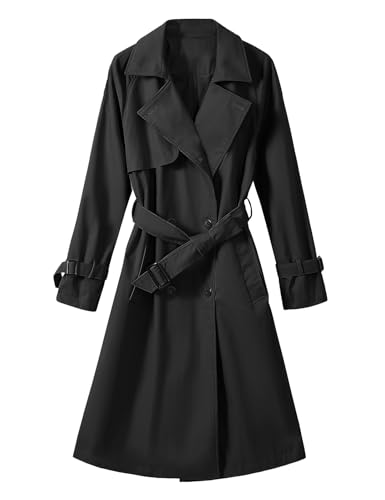 Vancavoo Trenchcoat Damen Lang Übergangsmantel Mantel Klassische Herbst Frühling Zweireiher Jacke Trench mit Gürtel Damenmantel Baumwolle Windjacke,Schwarz,M