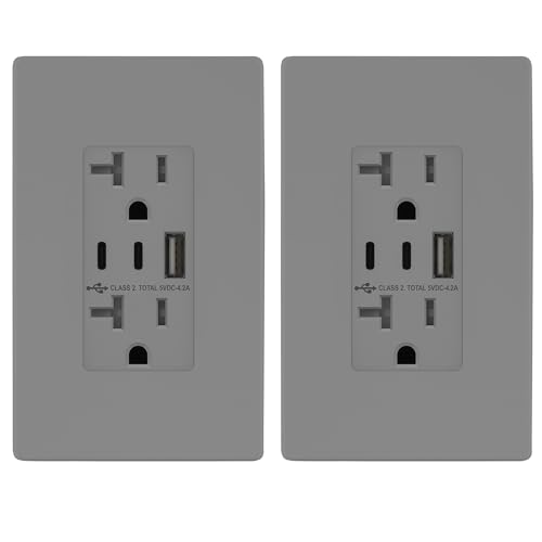 Image of TOPGREENER 4.2A 21W 3-Port Type C USB Outlet, 20 Amp Receptacle Plug, Charging Power Outlet with Dual Type C&A Ports, Screwless Wall Plate Included, UL Listed, TU22042AC2-GYSID, Gray, 2 Pack