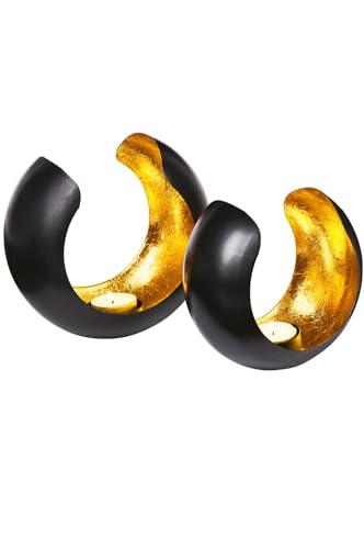 Set di 2 lanterne orientali Kumas grande 17 cm oro | portacandele orientale vintage nero dall'esterno e oro interno | lanterne marocchine in metallo come decorazione