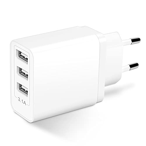Cargador USB Multiple, Enchufe USB 5V-3.1A/2A/1A USB-A Charger 3-Puertos 15.5W Carga Adaptador Compatible con iPhone, Samsung, Tabletas, Lector electrónico, Consola Juegos, Auriculares, lámpara