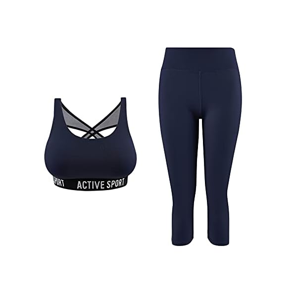 Womens-Sportswear-Set-Tracksuit-2-Pieces-Padded-Sports-Bra-and-34-Leggings-with-Pockets-Stretch-fit-Gym-Outfit Womens Sportswear Set 2 Piece Gym Outfit Padded Sports Bra and 3/4 Leggings with Pockets Stretch-fit Gym Clothes Italian Design (9672-Navy, S-M)