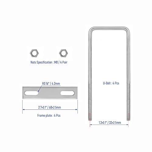 Image of 4 Sets 304 Stainless Steel Square U-Bolts 1 inch(25mm) Inner Width, 4 inch(100mm) Length Stainless M8 with Nuts, Frame Plate, Accessories for Automobiles Trailer, Boat Trailer Industrial Parts