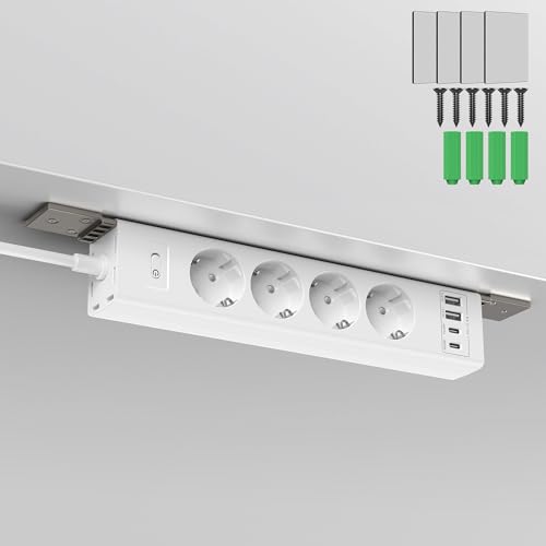 4-Fach Steckdosenleiste zur Untertischmontage,2USB-C (PD20W)+2USB-A(QC3.0 18W),4000W Mehrfachsteckdose Untertisch montierbar mit Überlastschutzschalter,Unsichtbare Kabelmanagement-Lösung,2m Kabel 1