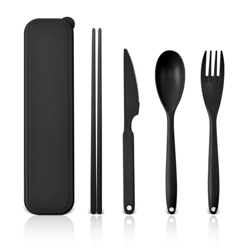 Large Reusable Travel Utensils Set with Case, Plastic Set for Adults Travel Picnic Camping, Portable Flatware Cutlery Set with Chopsticks for Daily Use(Black)