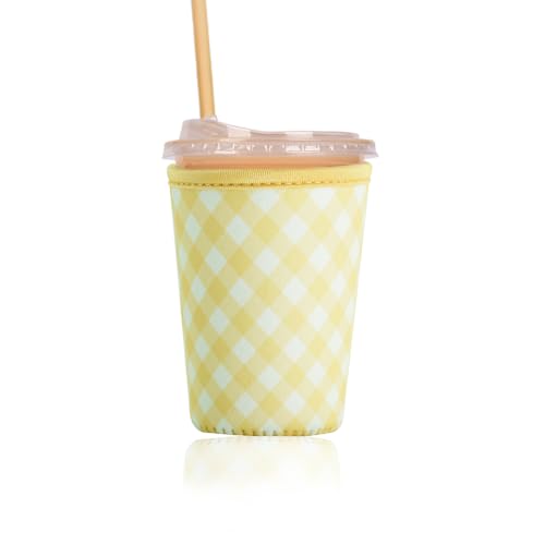 Image of Reusable Insulated Sleeve for Iced Coffee Cup, Coffee Neoprene Sleeve for Cold & Hot Drinks, Beverage Holder for Iced Coffee (Yellow Gingham, Small: 16-18oz)