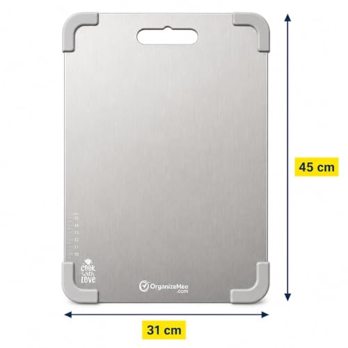 Image of Extra Large Anti Skid Stainless Steel Chopping Board with Knife [45x31 cm] Non Slip Cutting for Kitchen with Silicone Anti Skid Corner Protectors,Rust Proof,for Vegetables, Fruits + Knife
