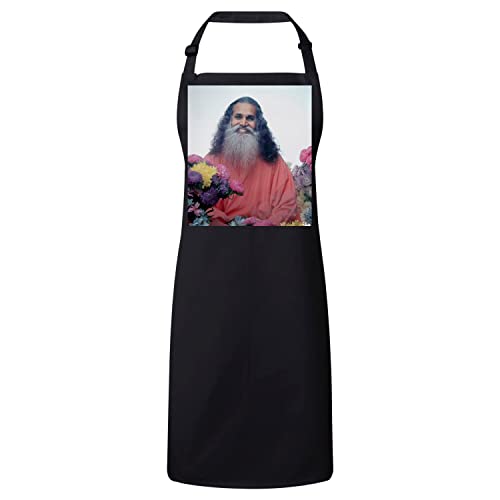 Tablier cuisine noir anti-taches avec photo de Swami Satchidananda gourou indien célèbre