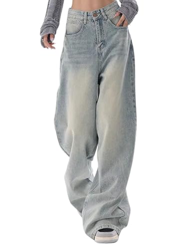 ebossy Womens Y2K Wide Leg Jeans Vintage High Waisted Boyfriend Washed Baggy Denim Pants Trendy Grunge Clothes