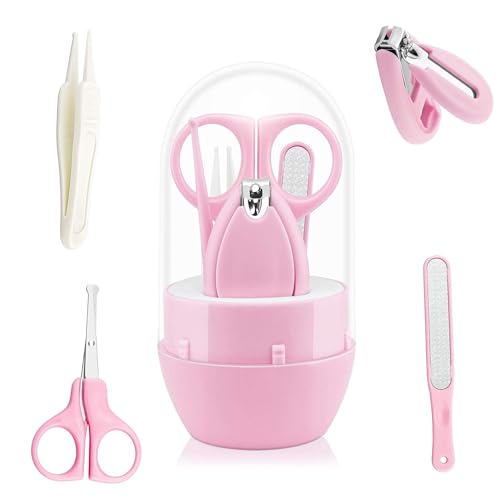 Image of GLUN Baby Care Set, Capsule Shape Pack, 4-in-1 (Anti-Pinch Nail Clipper, Scissor, Nail File, Tweezer) Cute Pink Colour Baby Manicure Set for Newborn, Infant & Toddler