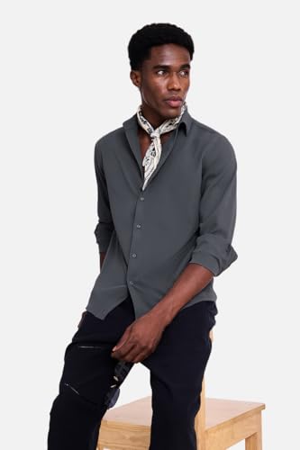 Image of SNITCH Men Casual Shirt | Slim Fit Long Sleeve Spread Collar Vertical Crinkle Textured Pattern | Breathable Polyester Blend & Stretchable Fabric for Casual Outing & Everyday Use