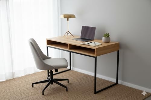 Image of Solid Wood Top & Iron Frame Study Table | Wooden Study Desk | Writing /Reading Desk with Two Open Shelfs for Study Room | Office | Living Room | Finish Color - Brown |