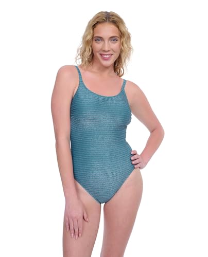 Gottex Women's Martini Metallic Green Round Neck Tank One Piece Bathing Suit with Removable Soft Cups Swim Essential