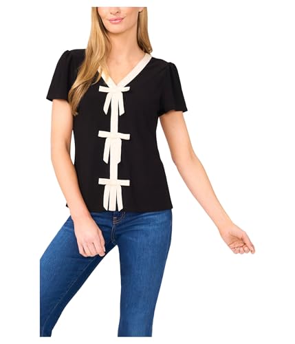 CeCe Womens Contrast Bow Front Short Sleeve Top Rich Black Medium