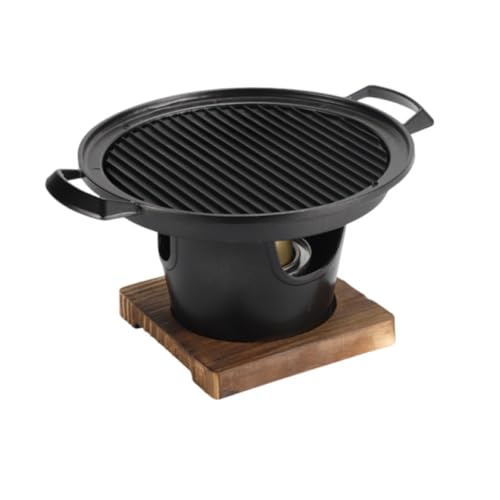 Vzcy 焼肉器 シングル焼肉 一人用焼肉器 焼肉プレート 焼肉皿 焼き鍋 固形燃料式 鋳鉄製専用木台付き 円形 直火対応 屋外 使用 コンロ デスクトップグリル 非粘着鍋 ポータブル キャンプ 屋外 家庭用 キッチン用品 (c)