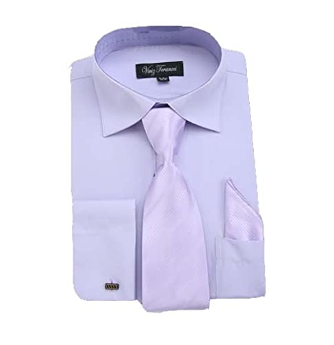 Milano ModaSolid Dress with Tie, Hankie & French Cuffs SG27-Liliac-17-17 1/2-34-35