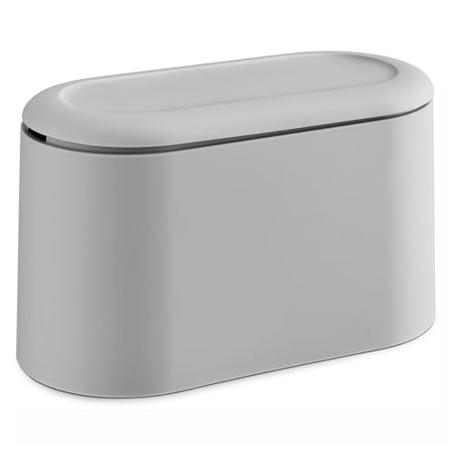 Image of SUBEKYU 0.5 Gal Mini Countertop Trash Can with Lid for Desktop, Small Garbage Can for Office, Tiny Wastebasket, Plastic, Light Grey