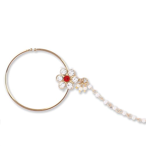 Image of Suhana Gold Plated Traditional Ethnic Bridal Nose Ring /Nath without piercing with Pearl Chain Encased with Stone for Women /Girls (Nose Ring Diameter - 5) (Red)