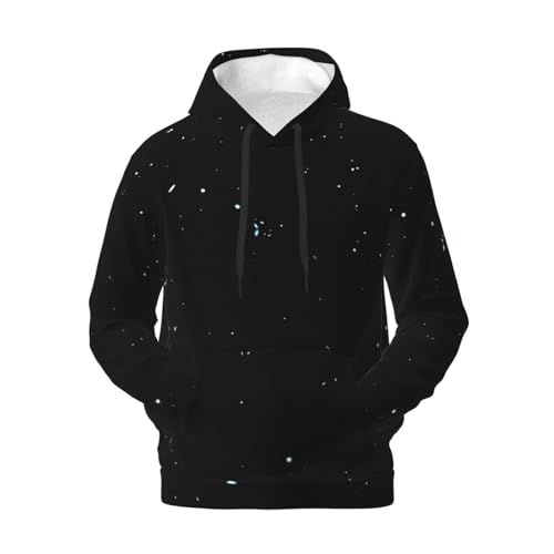 Men's Fleece Pullover Hoodies, Black White Dot Printed Casual Drawstring Hooded Sweatshirts