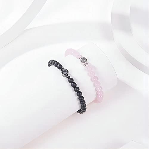 Image of Pingyongchang 2Pcs Natural Stone Bracelets 100 Languages I Love You Bracelets Graduation Gifts,Couple's Memorial Gifts for Boyfriend,Girlfriend,My Love-Black and Pink
