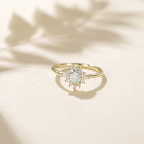 Mameloly 14K Gold Plated Created Opal Rings Round Cut Dainty Halo CZ Wedding Band Thin Stackable Cubic Zirconia Promise Engagement Ring for Women Size 4-112