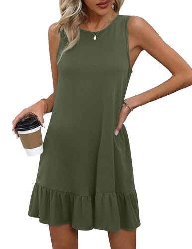 HOTOUCH Womens Dress Casual Sleeveless Tank Tunic Ruffle Swing Dress Loose Cover Up Army Green L