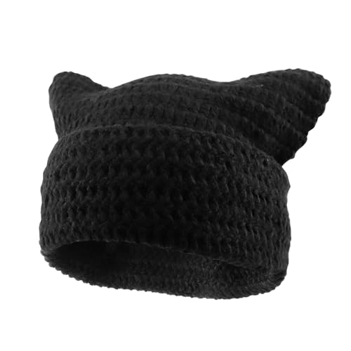 YoiAVRIG Cat Ear Beanie & Cat Beanie for Women – Soft Knit Slouchy Crochet Hat with Cat Ears, Vintage Style Warm Winter Beanie, Cute Lazy Hat for Women（Black）