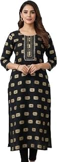 Women's Black Ethnic Kurta with Golden Printed Design, 3/4 Sleeve Straight Fit Casual Wear Price In India