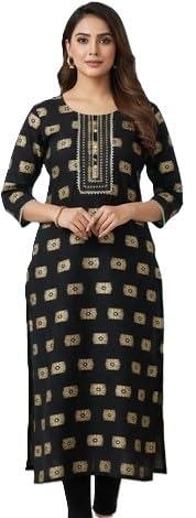 Women's Black Ethnic Kurta with Golden Printed Design, 3/4 Sleeve Straight Fit Casual Wear - Review, Price and Buying Guide