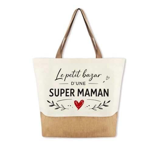 AHEZQILU Cadeau Maman Tote Bag Bicolore Robuste, Cadeau Fete Des Meres Pratique, Sac Cabas Super Maman pour Shopping et Quotidien, Surprise Spacieuse Femme avec Motif Cœur