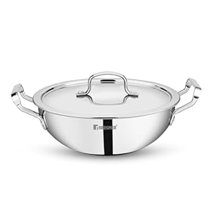Bergner TriPro TriPly 24 cm Deep Kadai, 3 L Capacity, Stainless Steel Lid, For Curry/StirFry/DeepFry/DryVeg, Broad Hold Handles, Laser-Etched Scale, Smooth Finished Surface, Induction & Gas Ready, 5-Year Warranty