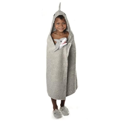 Image of SoapSox Hooded Towel & Slipper Set for Kids - Soft Cotton Towel w /Hand Pockets + Matching Slippers - 27x45 inch Gift Set