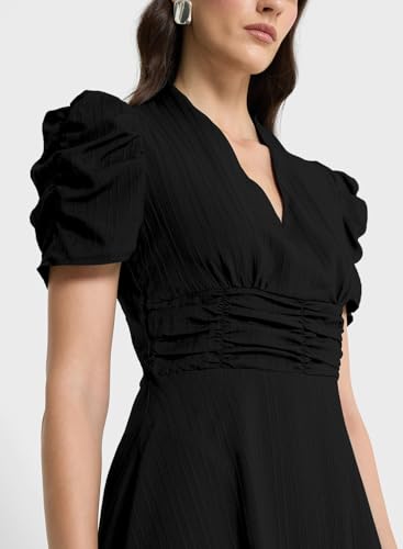 Image of Sugathari Women Women's V-Neck Maxi Dress, A-Line Style, Puff Sleeves, Cinched Waist 246