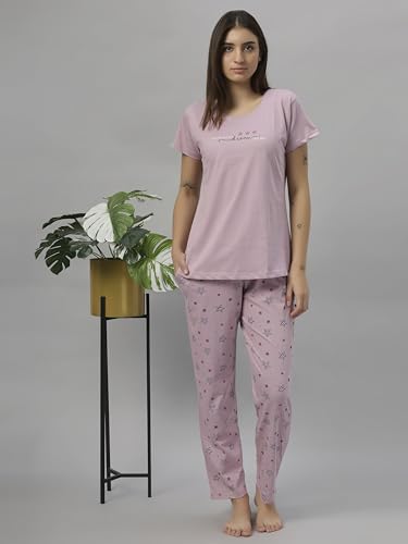 Image of DZZO Women's Cotton Printed Night Suit Set of T-Shirt & Pyjama, Night wear Dress, Relaxed wear for Women /Girls