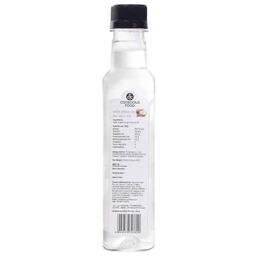 Image of Conscious Food Cold Pressed Virgin Coconut Oil | 250ml | Certified Organic | For Cooking, Hair Health and Skin Care | Good for Oil Pulling
