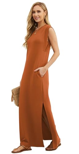 Image of GRECERELLE 2026 Women Year-Round Casual Round Neck Loose Split Wrinkle-Free Long Maxi Vacation Dress with Pockets (XXS-4XL)