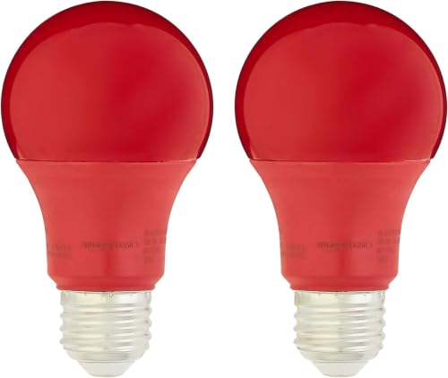 Image of Amazon Basics A19 Red Color Party LED Light Bulbs,60W Equivalent,9W Energy Efficient,E26 Standard Base,Non-Dimmable,10,000 Hour Lifetime,2 Count (Pack of 12)